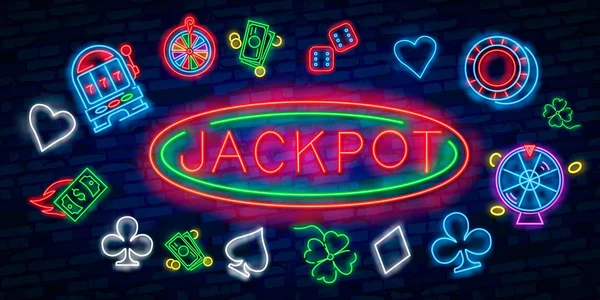 ジャック ポットのネオンサイン チップやレンガにコインでスロット マシン形状の壁の背景 夜明るい広告 — ストックベクタ