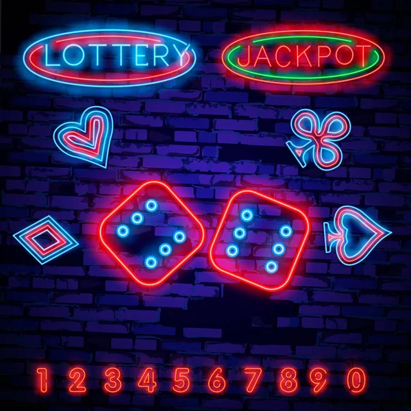 Loterie Neonový Nápis Neonové Logo Emblém Hazardní Hry Světlé Banner — Stockový vektor