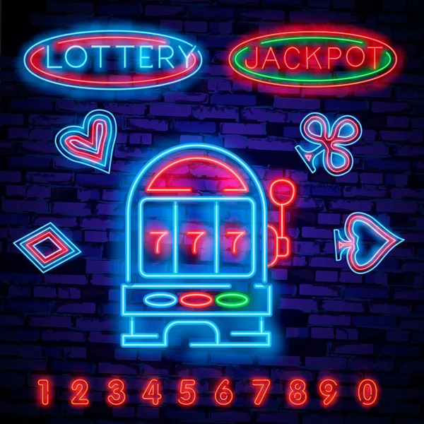 Loterie Neonový Nápis Neonové Logo Emblém Hazardní Hry Světlé Banner — Stockový vektor
