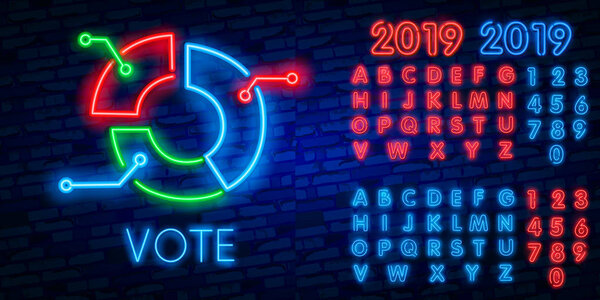 Neon set of vote Infochart, Infographic graph and Check investment icons. vote diagram sign. Stock exchange, Line diagram, Business report. Sale statistics. Neon icons. Vector
