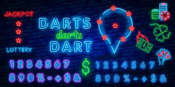 Darten Lichtreclame Vectorillustratie Heldere Nachtelijke Darten Reclame Neon Logo Symbool — Stockvector