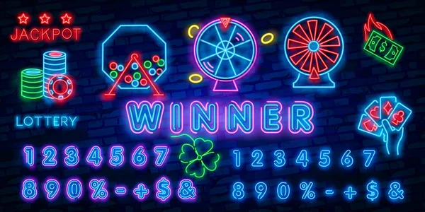 Ganar Plantilla Diseño Vectores Texto Neón Lotería Lotto Símbolos Logotipo — Vector de stock
