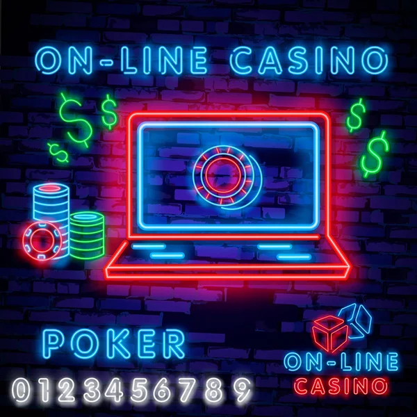 Logotipo Néon Grande Conjunto Rótulo Emblema Casino Máquinas Fenda Poker — Vetor de Stock