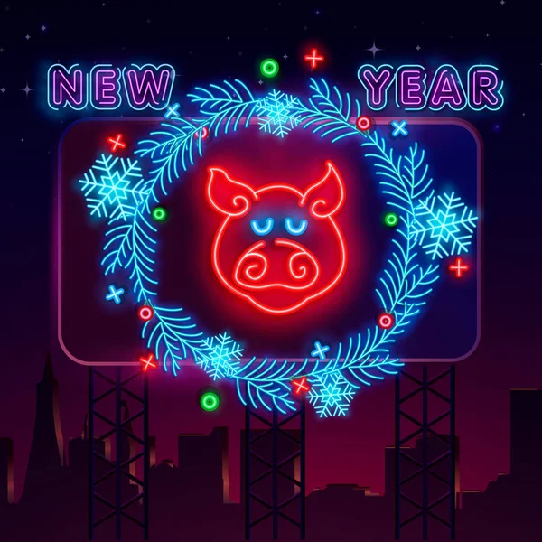 Feliz Año Nuevo Chino 2019 Letrero Neón Con Linternas Cerdo — Vector de stock
