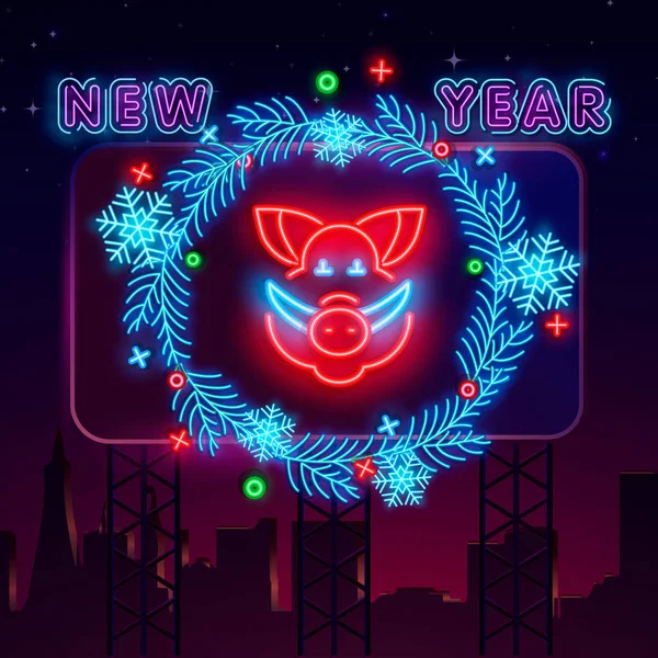 Nou Chinezesc Fericit 2019 Semn Neon Felinare Porc Chinezesc Vector — Vector de stoc