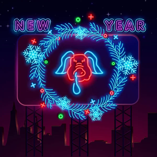 Feliz Año Nuevo Chino 2019 Letrero Neón Con Linternas Cerdo — Vector de stock