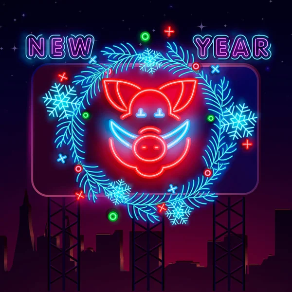 Feliz Año Nuevo Chino 2019 Letrero Neón Con Linternas Cerdo — Vector de stock