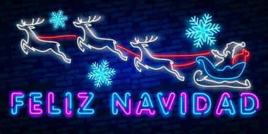Neon ışıkları tasarım, yuvalarına Fiesta, el yazısı ifade, gelen mutlu tatiller İspanyolca tercüme. Noel arka plan, retro kartı, Xmas vektör afiş. Neşeli Noel kartı vektör çizim yazı.
