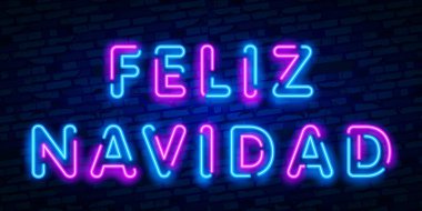Neon ışıkları tasarım, yuvalarına Fiesta, el yazısı ifade, gelen mutlu tatiller İspanyolca tercüme. Noel arka plan, retro kartı, Xmas vektör afiş. Neşeli Noel kartı vektör çizim yazı.