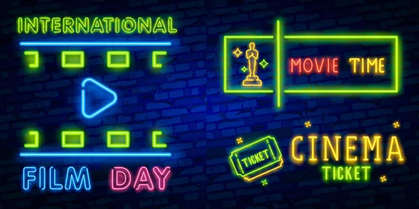 Cinema Nat Sæt Neon Synge Etiket Logo Cinema Banner Design – Stock-vektor