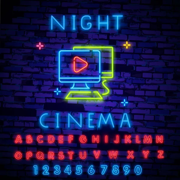 Nacht Van Film Ingesteld Neon Zingen Label Logo Ontwerpsjabloon Bioscoop — Stockvector