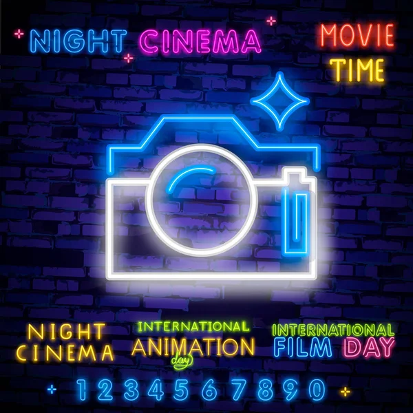 Noite Cinema Set Neon Cantar Rótulo Logotipo Banner Cinema Modelo —  Vetores de Stock