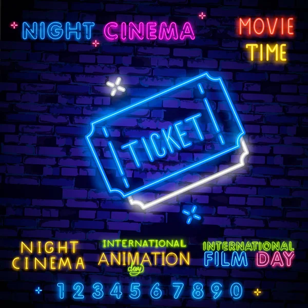 Noite Cinema Set Neon Cantar Rótulo Logotipo Banner Cinema Modelo —  Vetores de Stock
