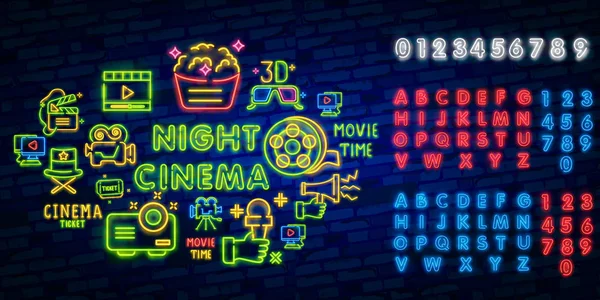 Noite Cinema Set Neon Cantar Rótulo Logotipo Banner Cinema Modelo — Vetor de Stock