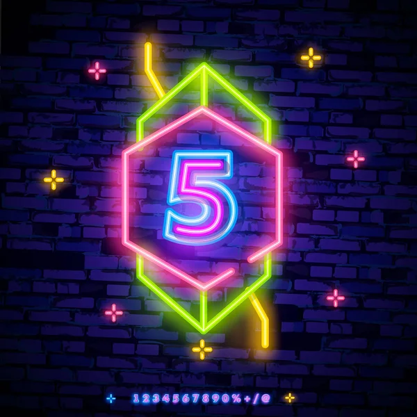 Nummer Fem Symbol Neonskylt Vektor Nummer Fem Neon Mallikonen Ljus — Stock vektor