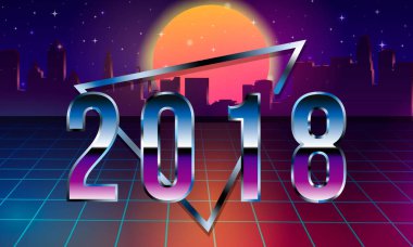 80s retro Sci-Fi geçmiş gündoğumu veya günbatımı ile. 1980'lerde posterler stil vektör fütüristik synth retro dalga çizimde.