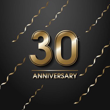 Altın rengi numarası 30 kelime yıl simgesine düşme ile siyah arka plan altın konfeti ve şeritler, 30 Doğum Yıldönümü tebrik logo, kartı öğe ile izole