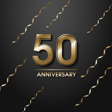 Altın rengi numarası 50 kelime yıl simgesine düşme ile siyah arka plan altın konfeti ve şeritler, 50 Doğum Yıldönümü tebrik logo, kartı öğe ile izole