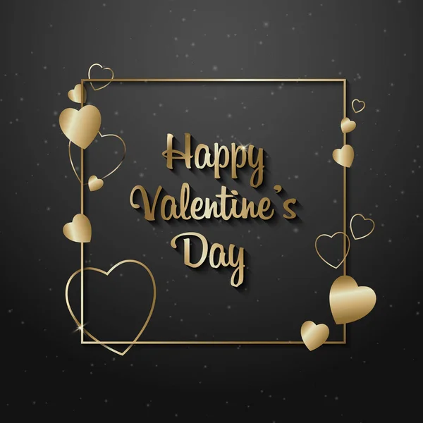 Valentines Day Sale texto dourado no quadro em anúncio de cartaz de publicidade com balões de coração dourado no fundo preto. Ilustração vetorial —  Vetores de Stock