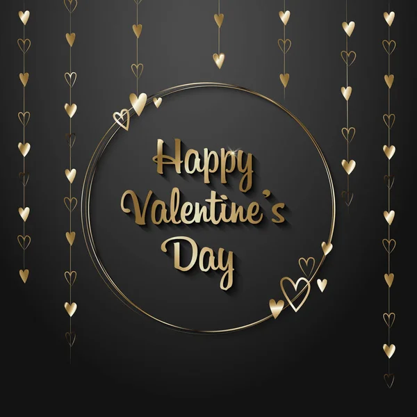 Valentines Day Sale texto dourado no quadro em anúncio de cartaz de publicidade com balões de coração dourado no fundo preto. Ilustração vetorial —  Vetores de Stock