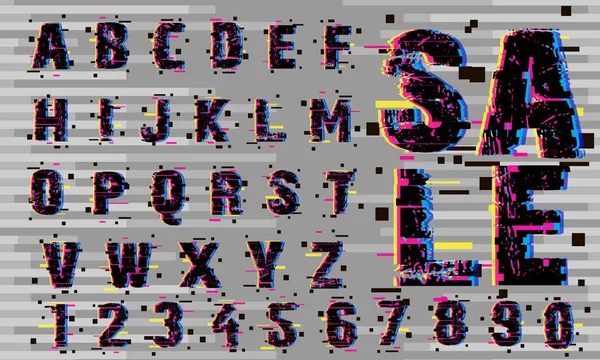 闪烁现代字母和数字的向量 Grunge 和雕刻线性风格化的圆形字体 最小斜体字母设置为未来主义 — 图库矢量图片