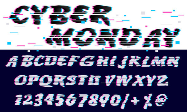 Trendy Glitch distorted font letters and numbers. Vector set with broken pixel effect,old distorted TV matrix effect.