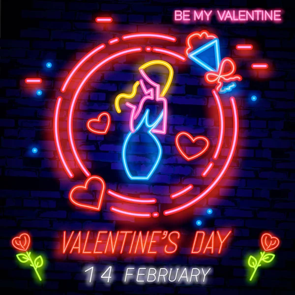 Aftelkalender Voor Valentijnsdag Neon Teken Realistische Lichtreclame Liefde Dag Banner — Stockvector