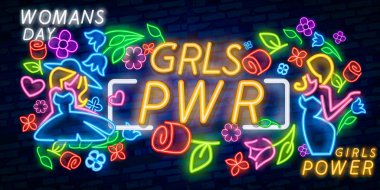 Girl Power neon sign vector. Grl Pwr Design template neon sign, light banner, neon signboard, nightly bright advertising, light inscription. clipart
