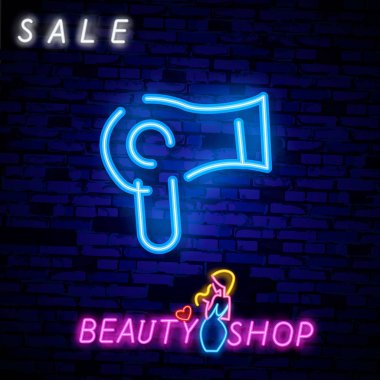 Sıcak hava neon tabela üfleme saç kurutma makinesi. Kuaför Salonu, stil ve moda kavramı. Reklam tasarım. Gece parlak renkli billboard, ışık afiş.