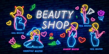 Collection neon signs vector. Cream, Beauty Shop, Beauty salon Logotype, Emblem in Modern Trend Design, Vector Template, Light Banner, Night Bright Promotion, Design Element. Vector Illustration clipart