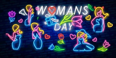 Dünya Kadınlar Günü karanlık tuğla duvar arka plan üzerinde parlak neon bayrağı. Bahar tebrik kartı için 8 Mart gül çiçek ve yazı ile. Vektör çizim.