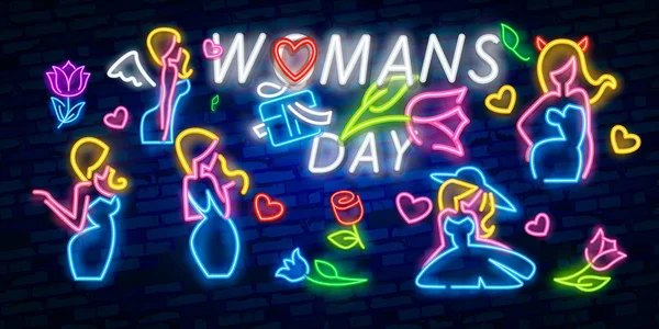 Λαμπερό νέον banner παγκόσμια ημέρα γυναικών σε σκούρο τούβλο τοίχο φόντο. Άνοιξη ευχετήρια κάρτα για να 8 Μαρτίου με το τριαντάφυλλο και γράμματα. Εικονογράφηση διάνυσμα. — Διανυσματικό Αρχείο