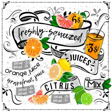 Suyu menü Amerikan Servisi içki Restoran broşür, tatlı şablon tasarımı. Vintage yaratıcı içecek şablon çizilmiş grafik ile. Vektör yiyecek menüsü el ilanı.