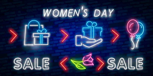 Glowing Neon Banner World Women Day Dark Brick Wall Background — Stock Vector