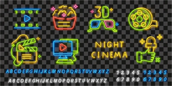 Neon-Kino-Ikonen. Ikone aus dem Kino. Leuchtreklame. Film, Popcorn, 3D-Brillen, Tickets, 4k Film und Play-Ikone. Vektorillustration — Stockvektor