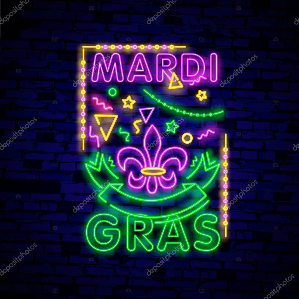 Mardi Grav is a neon sign. Bright glowing banner, neon billboard, neon advertising of carnival. Fat Tuesday Design template, greeting card, flyer.