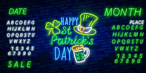 Ikon Hari St. Patrick ditetapkan terisolasi. Patrick Day neon sign. Horseshoe, Clover, Rainbow, koin emas, Beer, Flag Ireland dan ikon Kalender. Ilustrasi Vektor - Stok Vektor