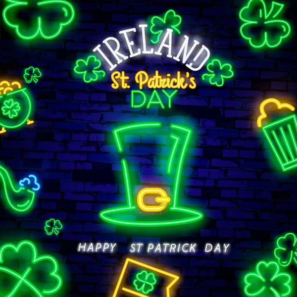 Happy St Patrick's Day neon text vektor formgivningsmall. Happy St Patrick dag neon logotyp, ljus banner design element färgglad modern inredning trend. Vektor — Stock vektor