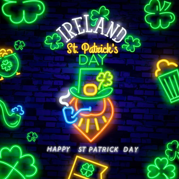 Happy St Patrick's Day neon text vektor formgivningsmall. Happy St Patrick dag neon logotyp, ljus banner design element färgglad modern inredning trend. Vektor — Stock vektor