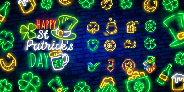 Happy St. Patrick's Day Vector Illustration in Neon Style. Panneau néon, carte de vœux, carte postale, bannière néon, publicité lumineuse, prospectus. Invitation à célébrer la St Patricks Day. Montage de texte néon signe — Image vectorielle