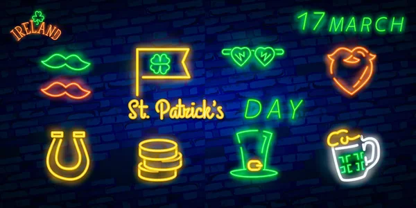 St. Patrick's Day Ikonuppsättning isolerade. Patrick's Day neonskylt. Hästsko, klöver, Rainbow, guldmynt, öl, Flag Irland och kalenderikonen. Vektorillustration — Stock vektor