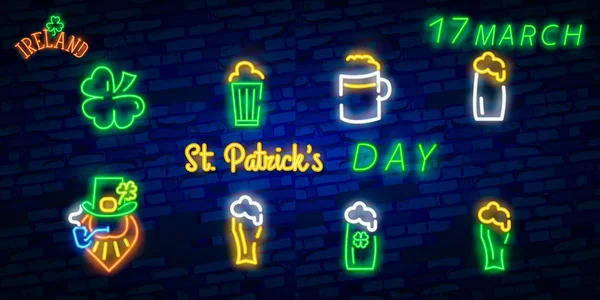 St. Patrick's Day Ikonuppsättning isolerade. Patrick's Day neonskylt. Hästsko, klöver, Rainbow, guldmynt, öl, Flag Irland och kalenderikonen. Vektorillustration — Stock vektor