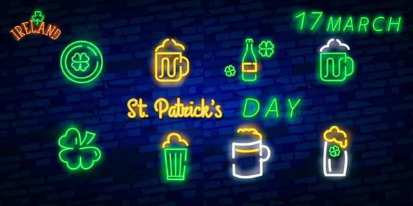 Icône de la Saint-Patrick mis isolé. Le néon de la fête de Patrick. Fer à cheval, trèfle, arc-en-ciel, pièce d'or, bière, drapeau irlandais et icône du calendrier. Illustration vectorielle — Image vectorielle