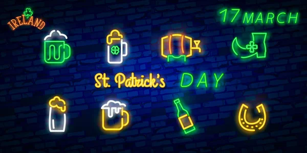 St. Patrick 's Day Ikone isoliert. Patrick 's Day Leuchtreklame. Hufeisen, Klee, Regenbogen, Goldmünze, Bier, irische Flagge und Kalendersymbol. Vektorillustration — Stockvektor