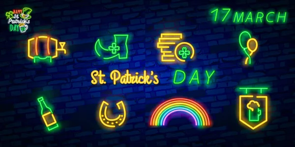 Icône de la Saint-Patrick mis isolé. Le néon de la fête de Patrick. Fer à cheval, trèfle, arc-en-ciel, pièce d'or, bière, drapeau irlandais et icône du calendrier. Illustration vectorielle — Image vectorielle