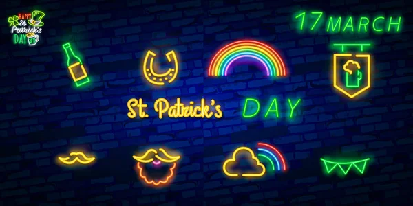 St. Patrick 's Day Ikone isoliert. Patrick 's Day Leuchtreklame. Hufeisen, Klee, Regenbogen, Goldmünze, Bier, irische Flagge und Kalendersymbol. Vektorillustration — Stockvektor