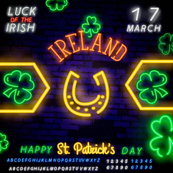 Hufeisen und Kleeblatt-Leuchtreklame. Heiliger Patricks Day Design. Nacht helle Leuchtreklame, bunte Werbetafel, Lichtbanner. Vektor-Illustration im Neon-Stil. — Stockvektor