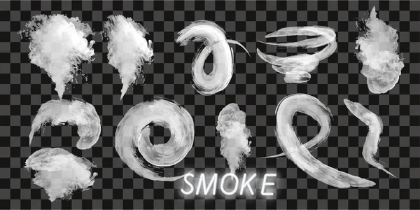 Kouř vektorové kolekce, izolované, průhledné pozadí. Sada realistické bílého kouře páry, vlny od kávy, čaje, cigaret, teplé jídlo. Mlha a mlha efekt. — Stockový vektor