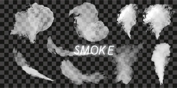 Καπνίζουν συλλογή διάνυσμα, απομονωμένες, διαφανές φόντο. Σύνολο ρεαλιστική λευκό καπνό ατμό, κύματα από καφέ, τσάι, τσιγάρα, ζεστό φαγητό. Ομίχλη και την ομίχλη επίδραση. — Διανυσματικό Αρχείο