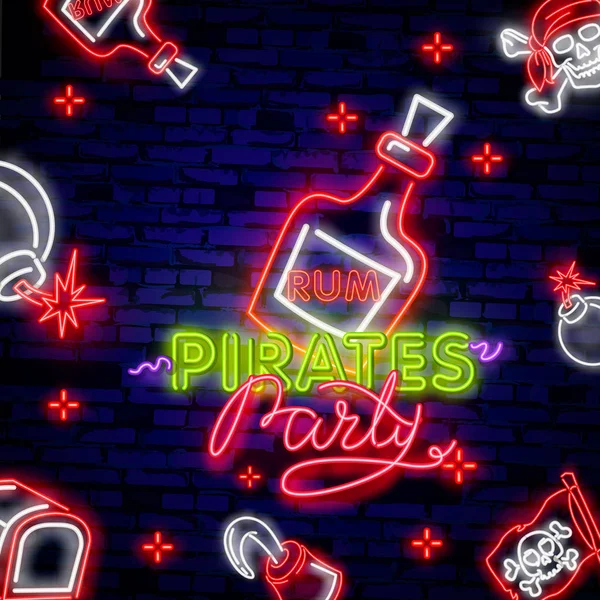 Пиратская вечеринка Неоновый Текстовый вектор. Pitate Rum неоновая икона, дизайн шаблон, современный дизайн тенденция, ночная неоновая вывеска винтажный пиратский эмблема светящийся неон — Бесплатное стоковое фото